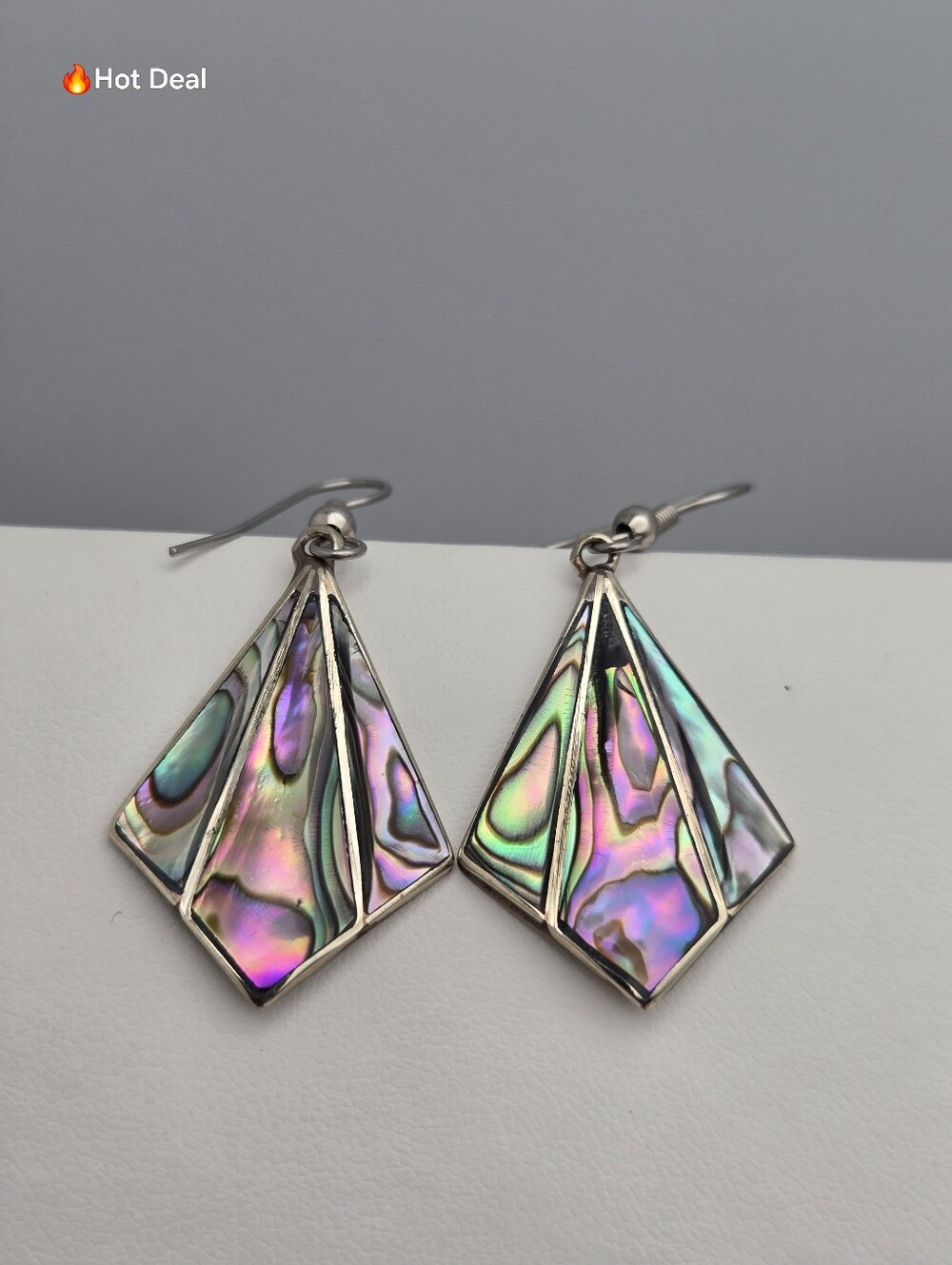 Iridescent Abalone Shell Geometric Dangle Earrings Vintage Alpaca Silver